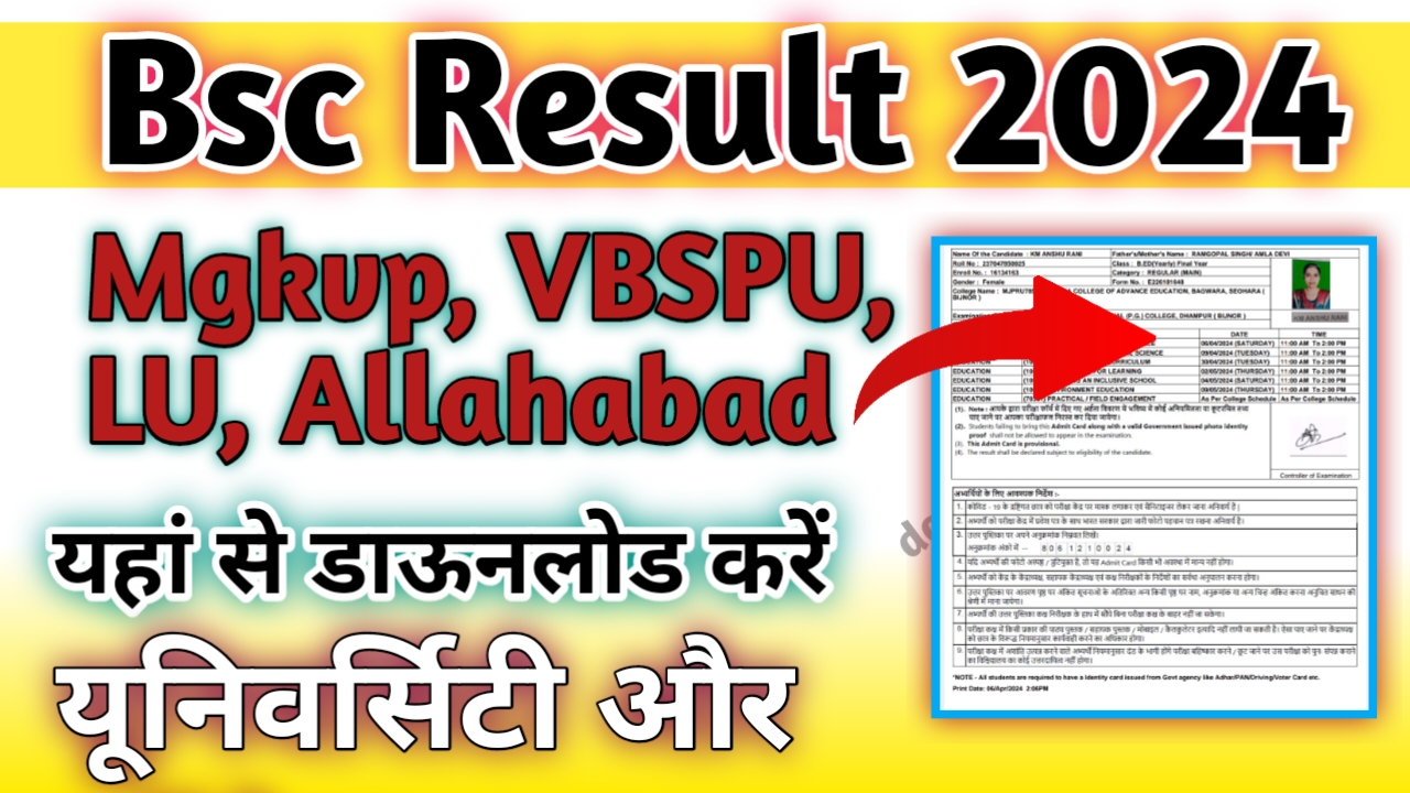 Mgkvp, Vbspu, LU, Allahabad University Bsc Result: BA Result 2024 : (बीएससी रिजल्ट डाउनलोड करे)